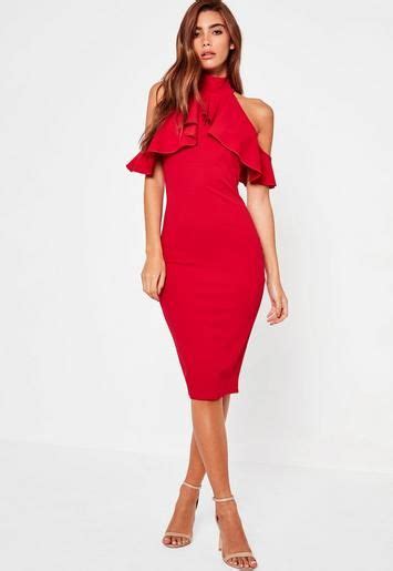 Missguided Red Frill Cold Shoulder Bodycon Midi Dress In 2020 Red