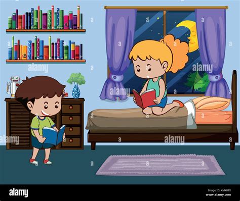Boy Reading In Bed Stock Vector Images Alamy