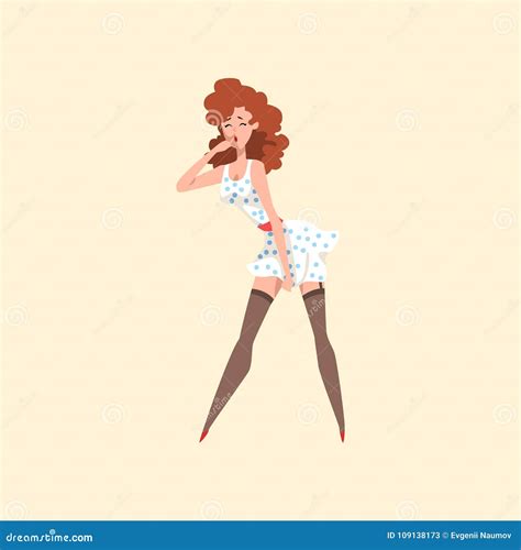 Pin Up Model Wearing Vintage Polka Dot Dress And Black Stockings Curly Haired Girl Cartoon