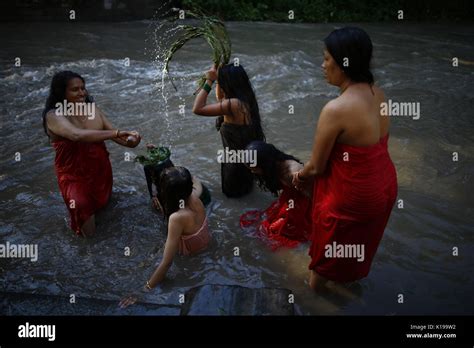 August 26 2017 Kathmandu Nepal Nepalese Hindu Women Perform A Ritual Bath During Rishi