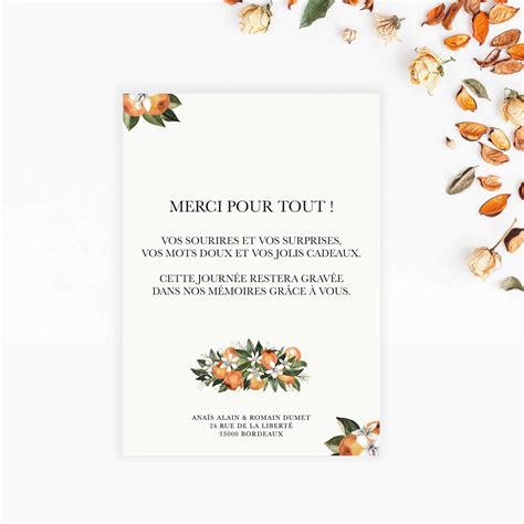 Carte De Remerciement Mariage Fleur Doranger Par La Papeterie De Paris