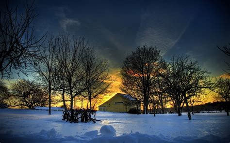 Village Snow Sunset Winter Nature Wallpapers Hd Desktop And