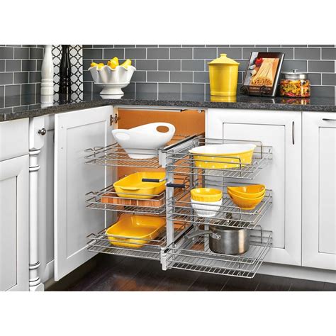 Pull out shelves are a great way to add storage efficiency and ergonomics to your existing cabinets. Rev-A-Shelf 18 in. Corner Cabinet Pull-Out Chrome 3-Tier ...