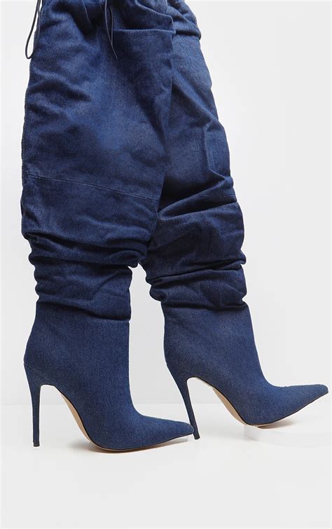 Denim Slouch Thigh High Boot Shoes Prettylittlething Aus