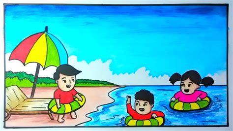 Menggambar Tema Liburan Sekolah Gambar Liburan Di Pantai Youtube