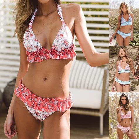 Women Bandage Bikini Set Flowers Print Swimwear Flounce Push Up Padded Swimsuit Bandage Bikini