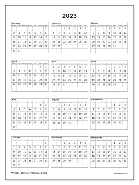2023 Printable Calendar “34ms” Michel Zbinden Nz