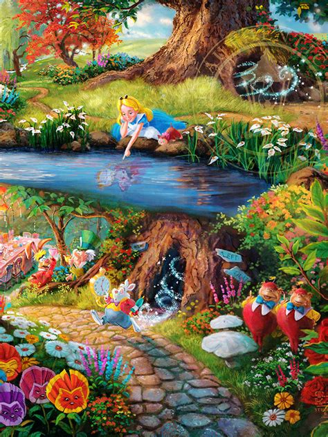 A Painting Of Alice And The Seven Dwarfs By A River In Front Of A Tree