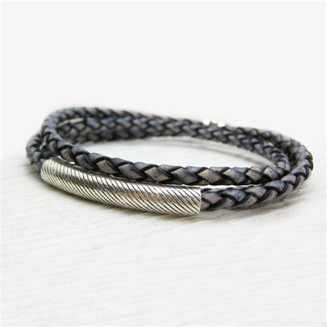 Unisex Leather Wrap Bracelet With Sterling Silver Steel Blue Etsy