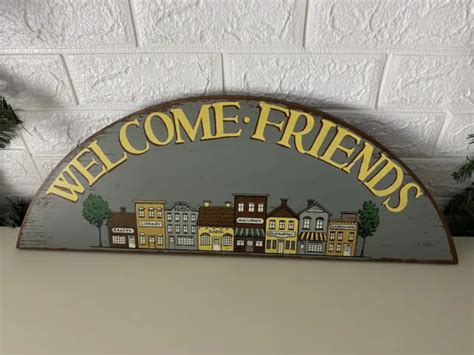 Vintage Wall Hanging Wooden Plaque Sign Hand Painted Town Welcome