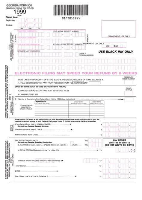Georgia Form 500 Individual Income Tax Return 1999 Printable Pdf