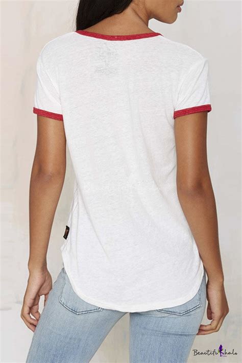 Contrast Round Neck Short Sleeve Letter Print White Tee