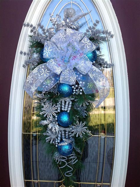 Christmas Wreath Winter Wreath Vertical Teardrop Door Swag Blue