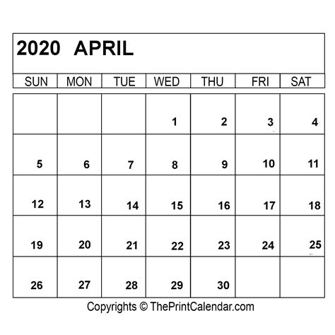 April 2020 Printable Calendar Template Pdf Word And Excel