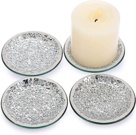 Ownmy Set Of 4 Silver Mosaic Glass Candle Plates 4 Inch