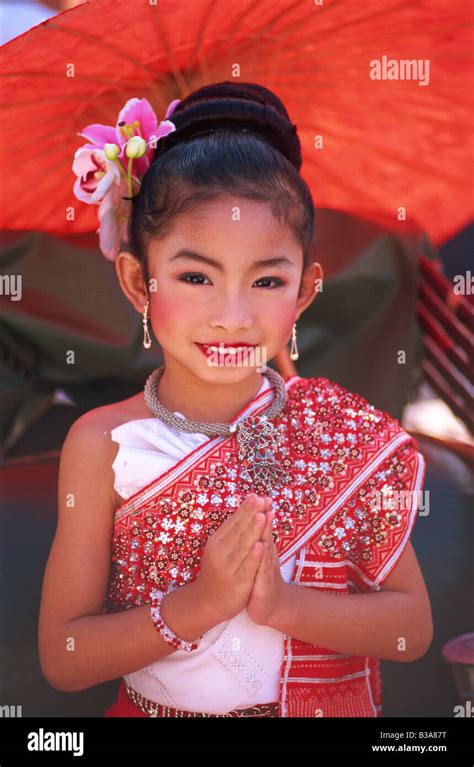 Thailand Chiang Mai Girl In Traditional Thai Costume At The Chiang