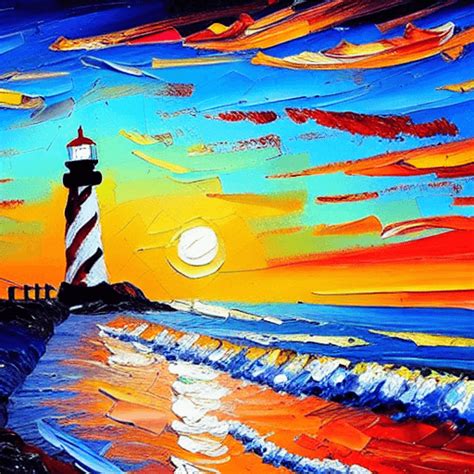 Lighthouse Sunset Oil Painting · Creative Fabrica