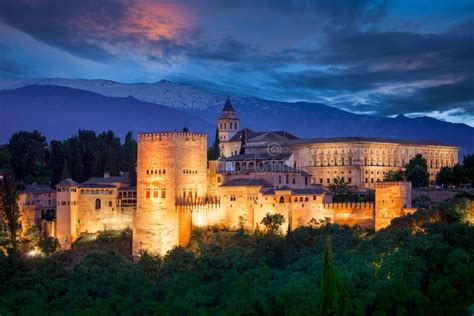 Night View Of Famous Alhambra European Travel Landmark Stock Image