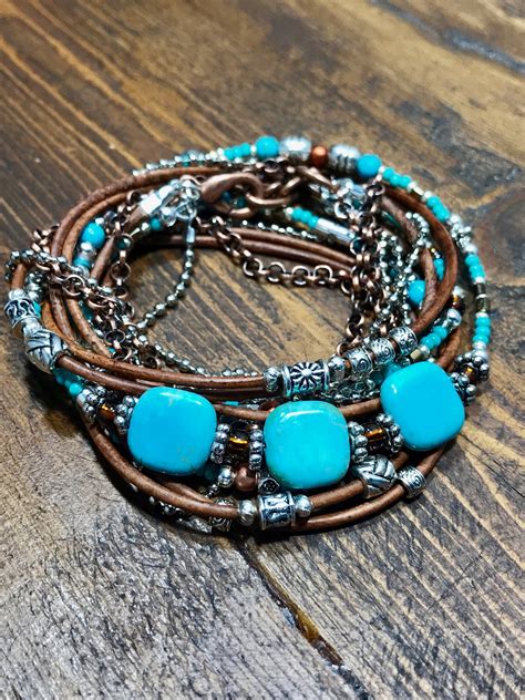 Turquoise Leather Wrap Bracelet Boho Style Mermaid Blue Etsy