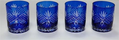 Set Of Four Cut Crystal Whiskey Glass Tumbler Cobalt Blue At 1stdibs Blue Whiskey Glass Blue