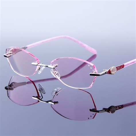 Buy Elegant Women Rimless Reading Glasses Rhinestone Frame Pink Eyeglasses