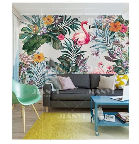 Tropical Rainforest Beautiful Flamingos Wallpaper Handpanted Etsy