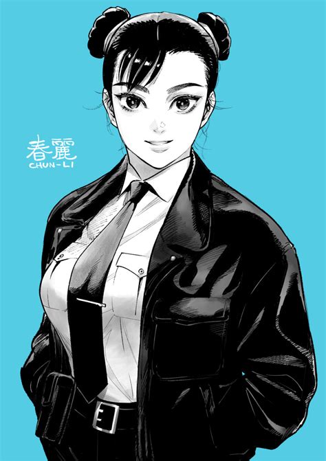 Safebooru 1girl Absurdres Ahn Dongshik Blue Background Breasts Character Name Chun Li Collared