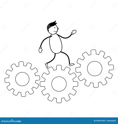 Stick Man Running On Cog Wheels Cartoon Vector
