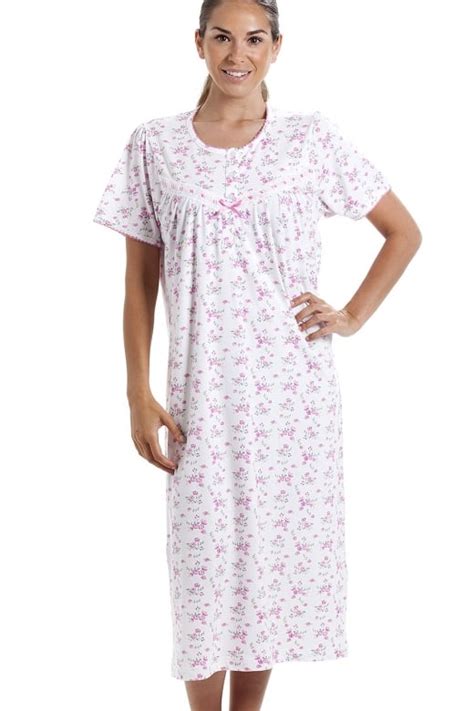 Classic Short Sleeve Pink Floral Print 100 Cotton White Nightdress