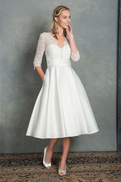Clara R1052 White Rose Tea Length Short Mikado And Lace Wedding Gown V Neck And Long Sleeves