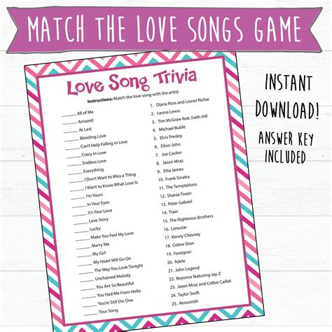 Love Songs Matching Game Instant Download Love Song Trivia | Etsy in