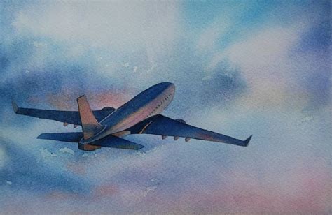 Free Flight By Plane Watercolor Illustation Painting By Daria Patrakov
