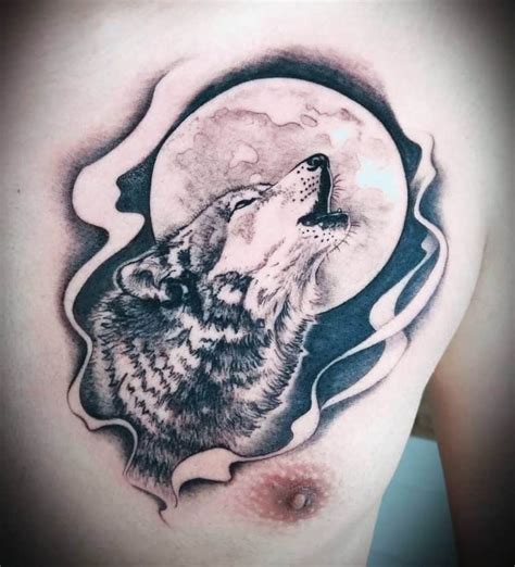 A Mans Chest With A Wolf On It And The Moon In The Background