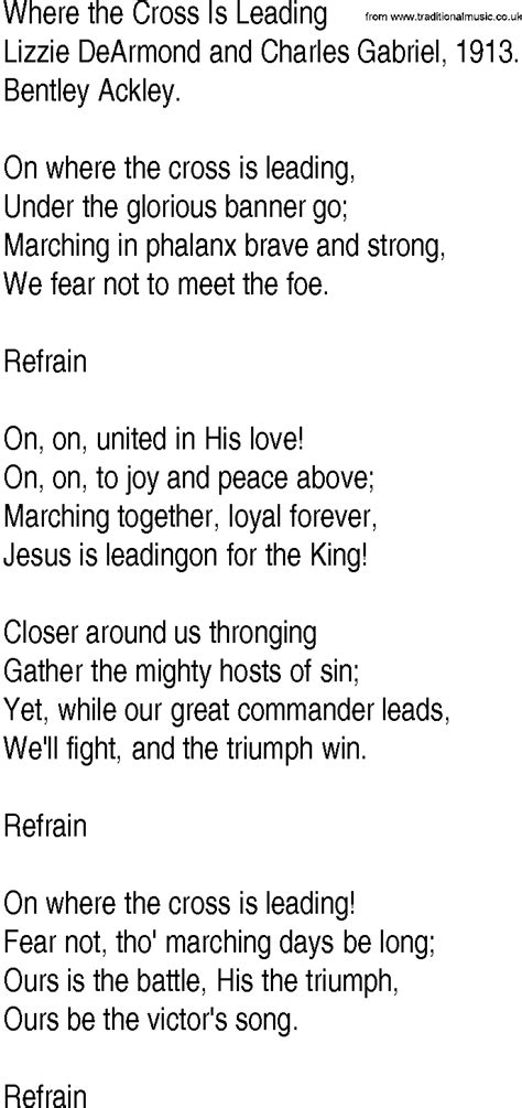 Hymn And Gospel Song Lyrics For Where The Cross Is Leading By Lizzie