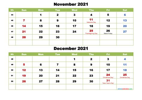 November And December 2021 Calendar With Holidays