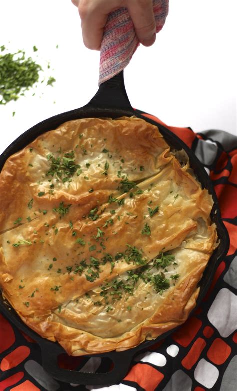 Pie crust recipe baking tutorial demonstration: This lightened up version of chicken pot pie uses phyllo dough instead of puff pastry. It also ...