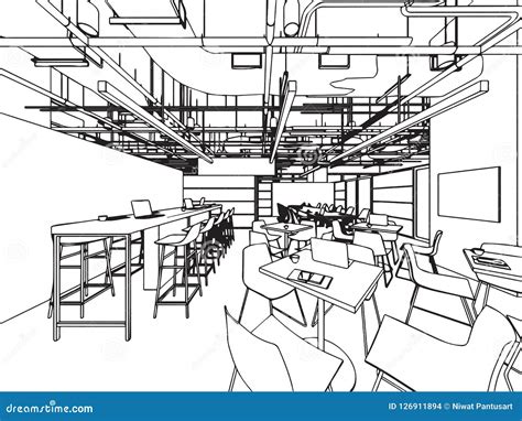 Interior Outline Sketch Drawing Perspective Office Stock Vector