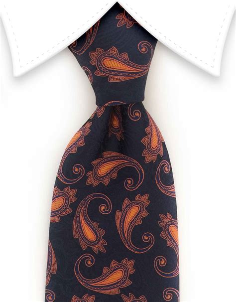 Navy Blue Tie With Orange Paisley Design Gentlemanjoe