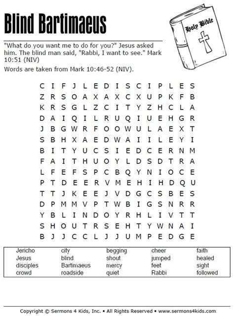 Blind Bartimaeus Word Search Vacation Bible School Craft Sunday