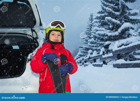 Happy Little Skier Loading His Skis In Car Trunk Stock Image Image Of