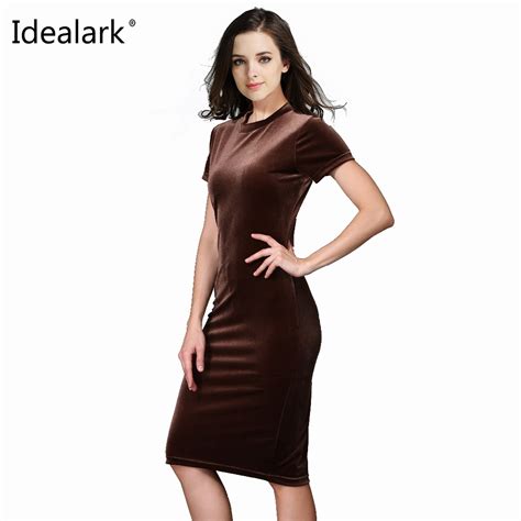 Idealark Women Brown Velvet Sheath Dresses Summer Ladies Round Neck