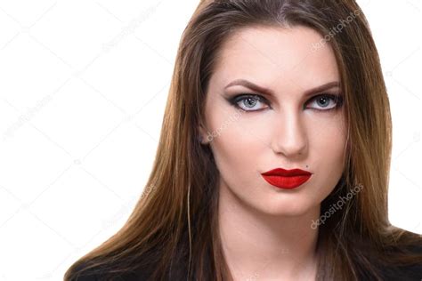Piękna Sexy Dziewczyna Z Czerwonymi Ustami Wyzywający Makijaż Portret