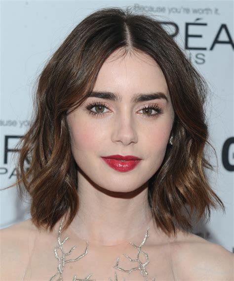 Lily Collins Medium Straight Casual Hairstyle Mocha Brunette Hair Color