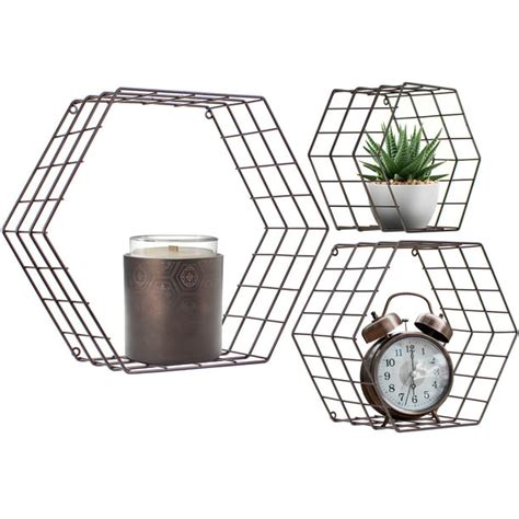 Metal Wire Hexagon Design Wall Mounted Floating Shelves Set Of 3