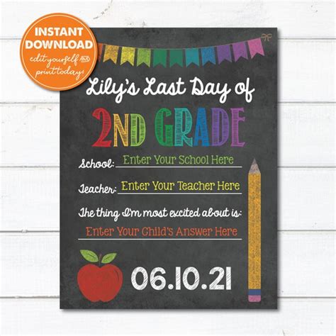 Editable Last Day Of 2nd Grade Sign Instant Download Printable School