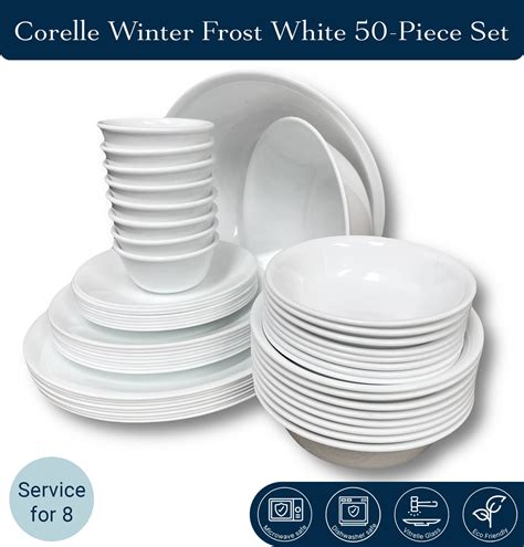Corelle Winter Frost White Dinnerware Set Service For 8 Vitrelle Glass 50 Piece Set