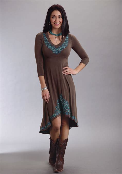 Stetson® Brown Turquoise Embroidered Hi Lo Hem Western Dress Western