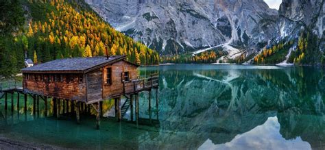 Nature Landscape Lake Mountain Cabin Chapel Forest Fall Italy Alps Turquoise Water Reflection