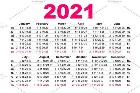 2021 Calendar Grid First Day Monday Pre Designed Vector Graphics