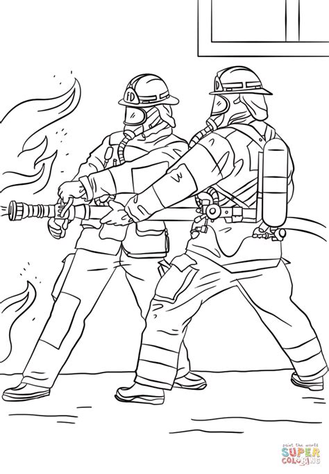 Dog fireman firefighter fire axe shield cartoon vector. Firefighters Spraying Water | Super Coloring | Firefighter ...
